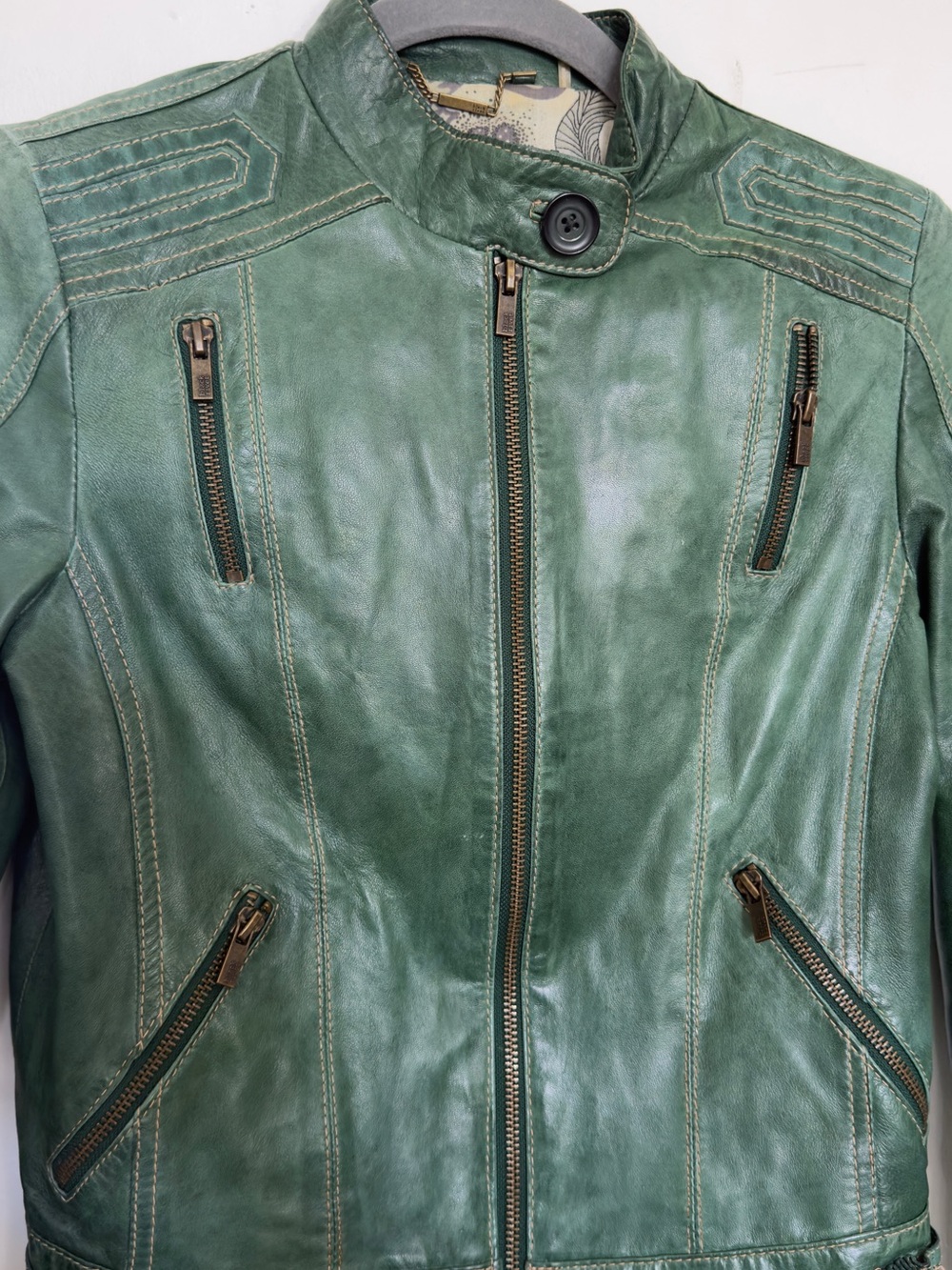 Black Rivet Green Leather Moto Jacket